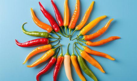 Top view of a mixed chili peppers, arranged in a sunburst pattern on a blue backgroundの素材