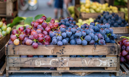 Grapes in a wooden crate on a quaint roadside standの素材
