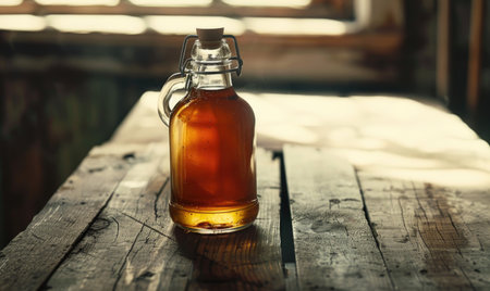 Bottle of apple syrup on a rustic wooden tableの素材