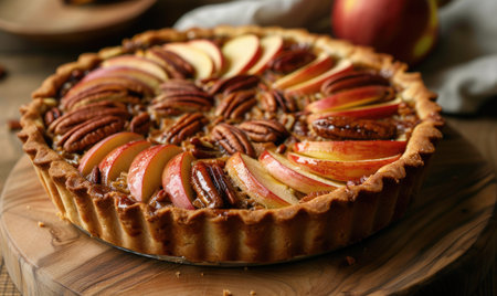 Apple and pecan tart on a wooden boardの素材