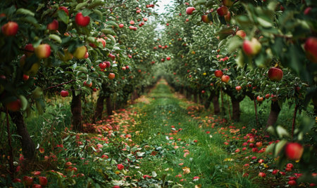 Apple orchard with rows of apple trees fallen apples on the groundの素材