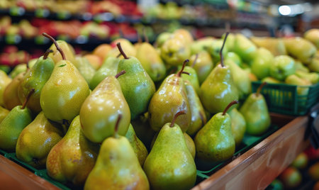 Pears on display in a grocery storeの素材
