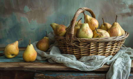 Pears in a vintage basket on a wooden market tableの素材