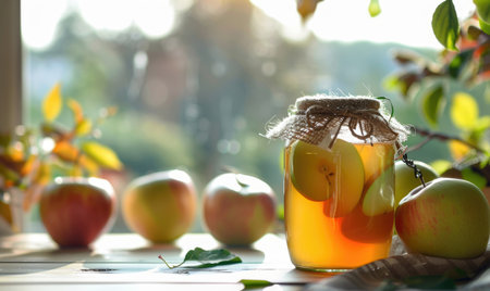 Jar of homemade apple syrup with fresh apples in the backgroundの素材