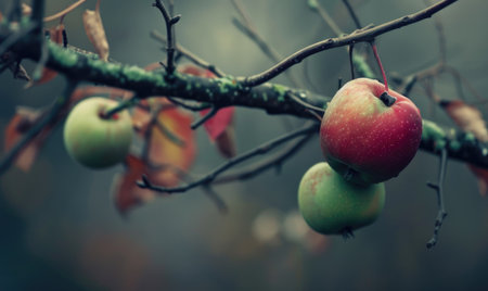Red and green apple hanging from a branchの素材