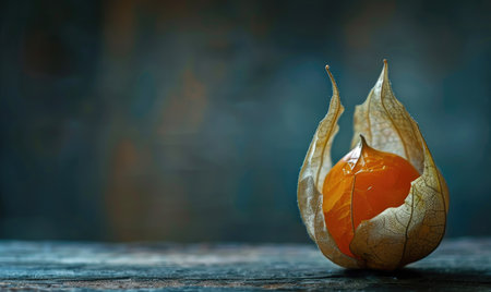 Close-up of a single physalis fruit with a broken huskの素材
