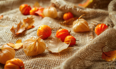 Physalis scattered on a burlap fabric, with autumn leavesの素材