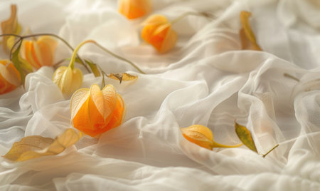 Physalis on a white fabric, with scattered leavesの素材