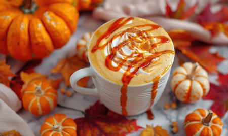A creamy pumpkin spice latte with a drizzle of caramelの素材