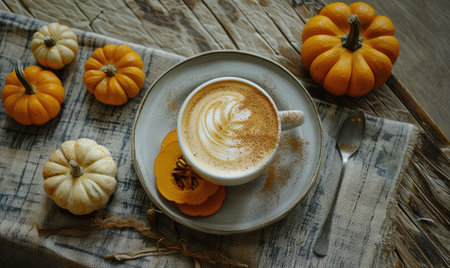 A cappuccino with a side of pumpkin slicesの素材