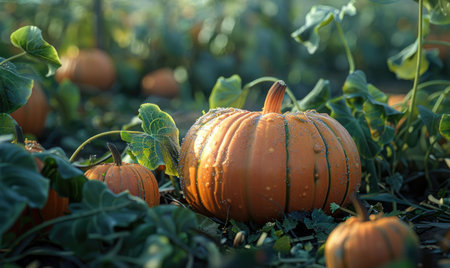A close-up of a large pumpkin sitting on the soilの素材