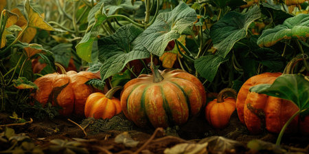 A photorealistic close-up of a cluster of pumpkins of various sizes nestled among thick green foliageの素材