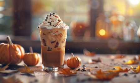 A glass of iced coffee on the table with pumpkins and orange leavesの素材