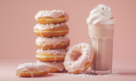 A stack of glazed donuts on a pastel pink background and a glass of iced coffee milkshakeの素材