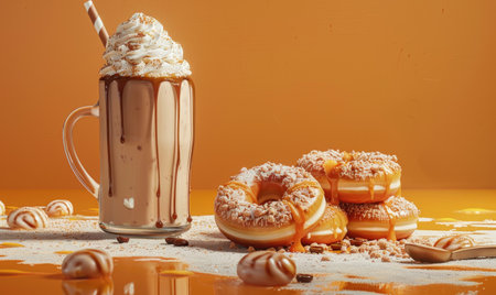 An image of caramel apple donuts on a pastel yellow backgroundの素材