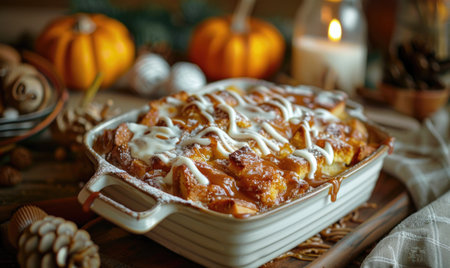 A pumpkin bread pudding with a caramel drizzle served in a baking dishの素材