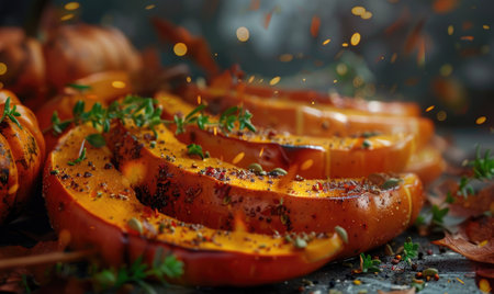 A roasted pumpkin slices with a sprinkle of herbs and spicesの素材