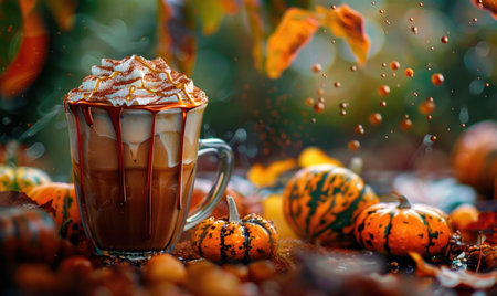 A pumpkin spice macchiato with a drizzle of caramel, surrounded by small pumpkins and fall foliageの素材