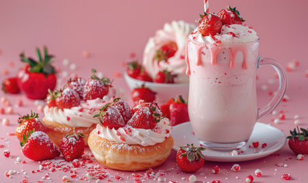 An image of strawberry shortcake donuts on a light pink backgroundの素材