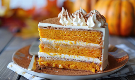A pumpkin mousse cake with layers of pumpkin mousse and sponge cakeの素材