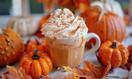 A pumpkin chai tea latte with cinnamon, surrounded by small pumpkins and autumn leavesの素材
