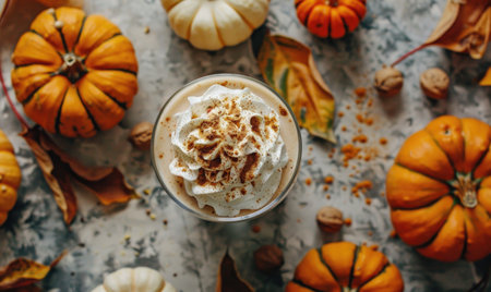 A pumpkin pie milkshake topped with whipped creamの素材