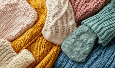 Soft knitted clothes in warm colors, laid out on a pastel backgroundの素材