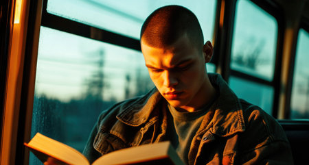 Young man with buzz cut, wearing a jacket, intensely reading a book in the trainの素材