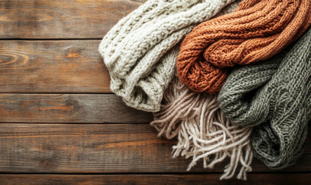 Vibrant knitted hats on a rustic wooden backgroundの素材