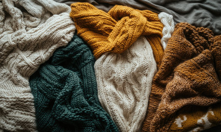 Vibrant knitted hats on a rustic wooden backgroundの素材