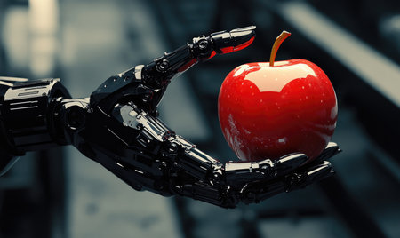 Advanced robot hand holding a red appleの素材