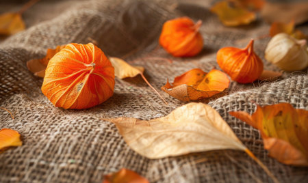 Physalis scattered on a burlap fabric, with autumn leavesの素材