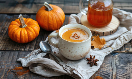 A cup of coffee with small pumpkins and a pumpkin spice syrup bottleの素材