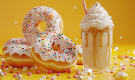 An image of classic donuts with sprinkles on a pastel yellow backgroundの素材