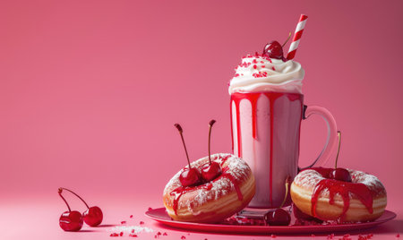 An image of cherry donuts on a pastel red backgroundの素材