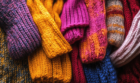 Colorful knitted gloves and scarves in warm shadesの素材