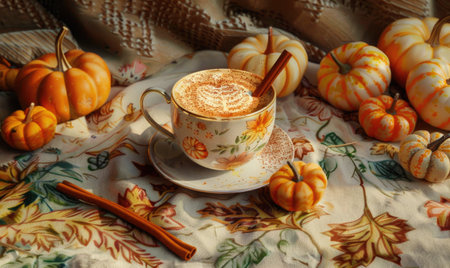 A pumpkin spice latte with a cinnamon stickの素材