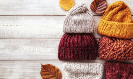 Knitted clothes in autumn colors on a rustic wooden backgroundの素材