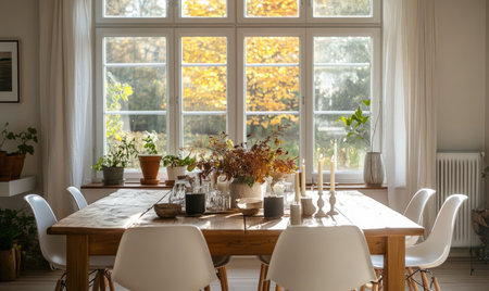 A dining room with a light wooden table, white chairs, and a centerpiece of autumn foliage and candlesの素材