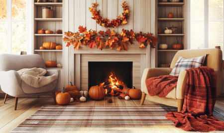 Scandinavian living room with a fireplace, a light wooden mantel adorned with autumn garlands, pumpkins on the floorの素材