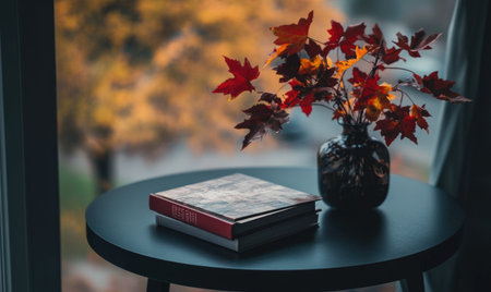 Sleek black table with a couple of books and a vase filled with autumn foliageの素材