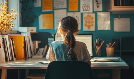 Child doing homework by the windowの素材