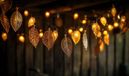 Garland of glass leaves and warm lights, cozy fall themeの素材