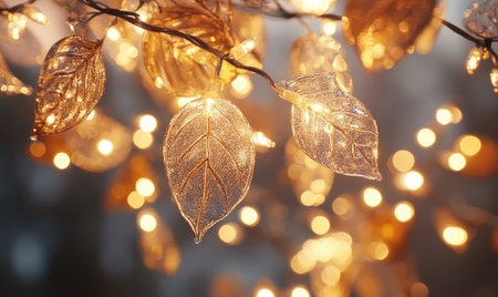 Garland of glass leaves and warm lights, cozy fall themeの素材