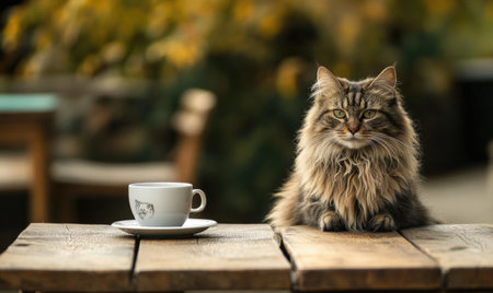 Fluffy cat sitting at a wooden table, a coffee cup nearbyの素材