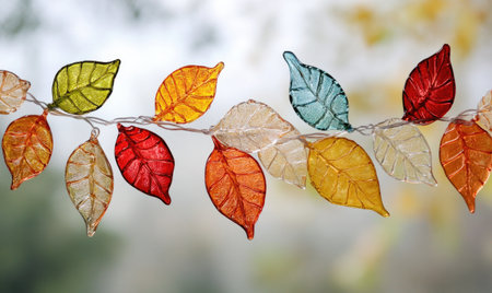 Garland of glass leaves in fall colors, cozy backgroundの素材