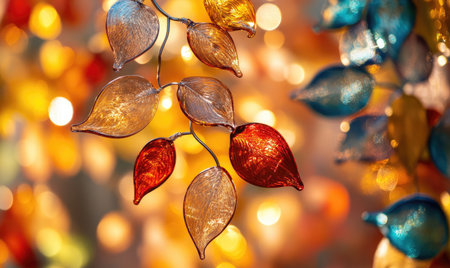 Garland of glass leaves in fall colors, cozy backgroundの素材