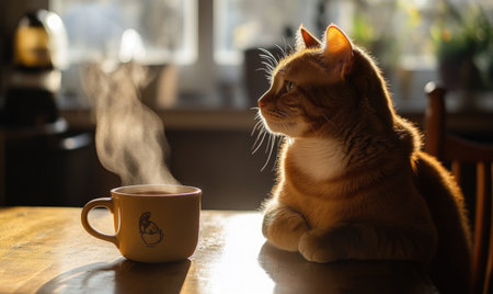 Orange cat sitting at a table with a cup of coffeeの素材