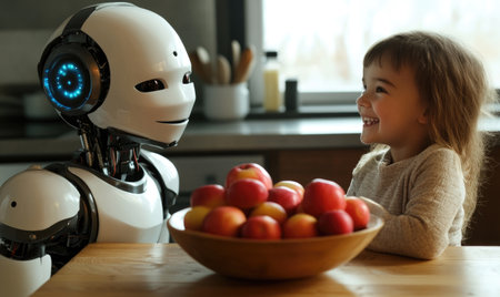 Robot and child sitting at kitchen table, bowl of applesの素材