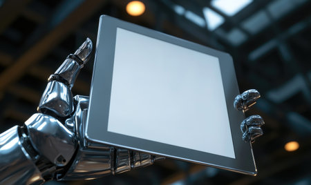 Robotic hand holding a tablet, blank screenの素材